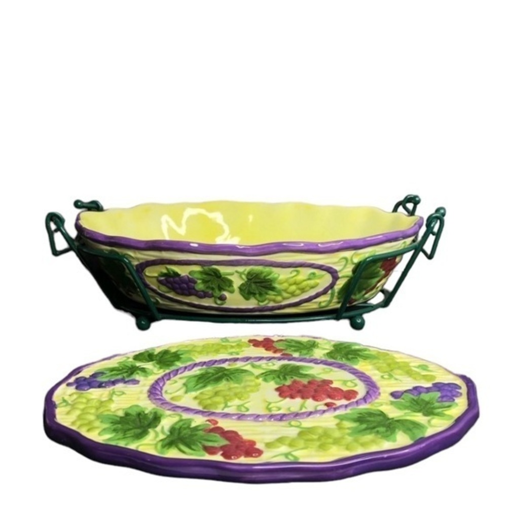 3 pc Temp-tations Ovenware by Tara Fresh Crop Oval Casserole, Rack + Hot Plate